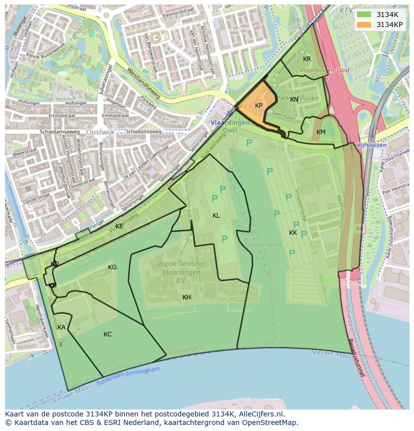 Afbeelding van het postcodegebied 3134 KP op de kaart.