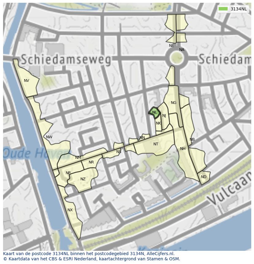 Afbeelding van het postcodegebied 3134 NL op de kaart.