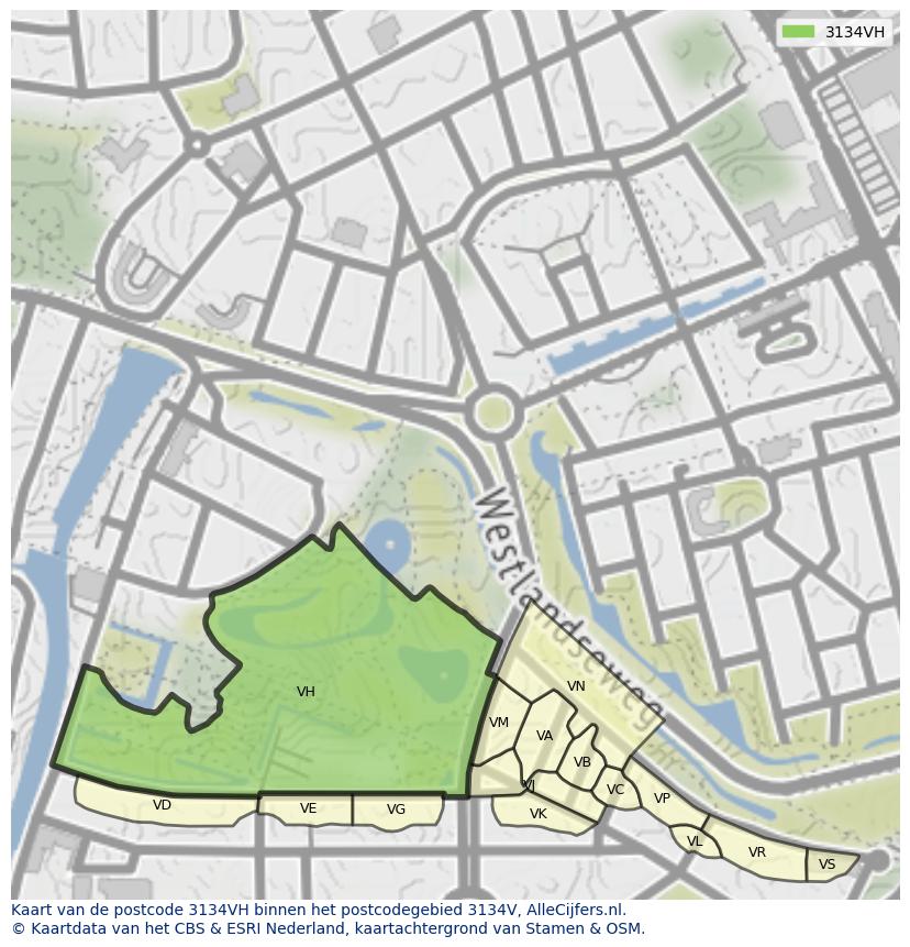 Afbeelding van het postcodegebied 3134 VH op de kaart.
