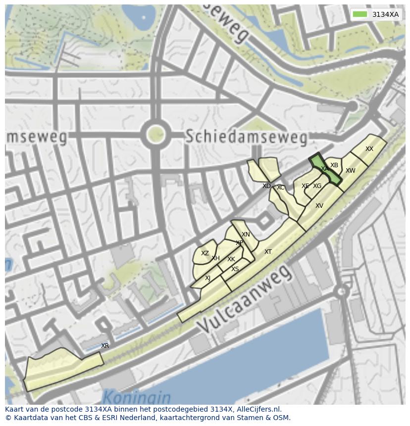 Afbeelding van het postcodegebied 3134 XA op de kaart.