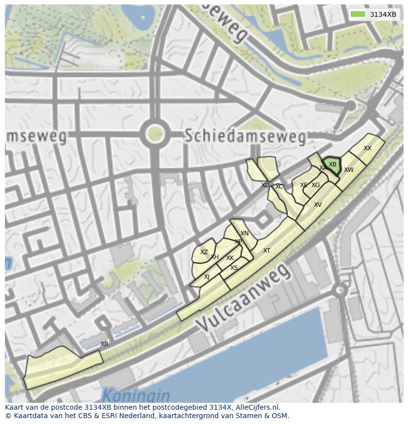 Afbeelding van het postcodegebied 3134 XB op de kaart.