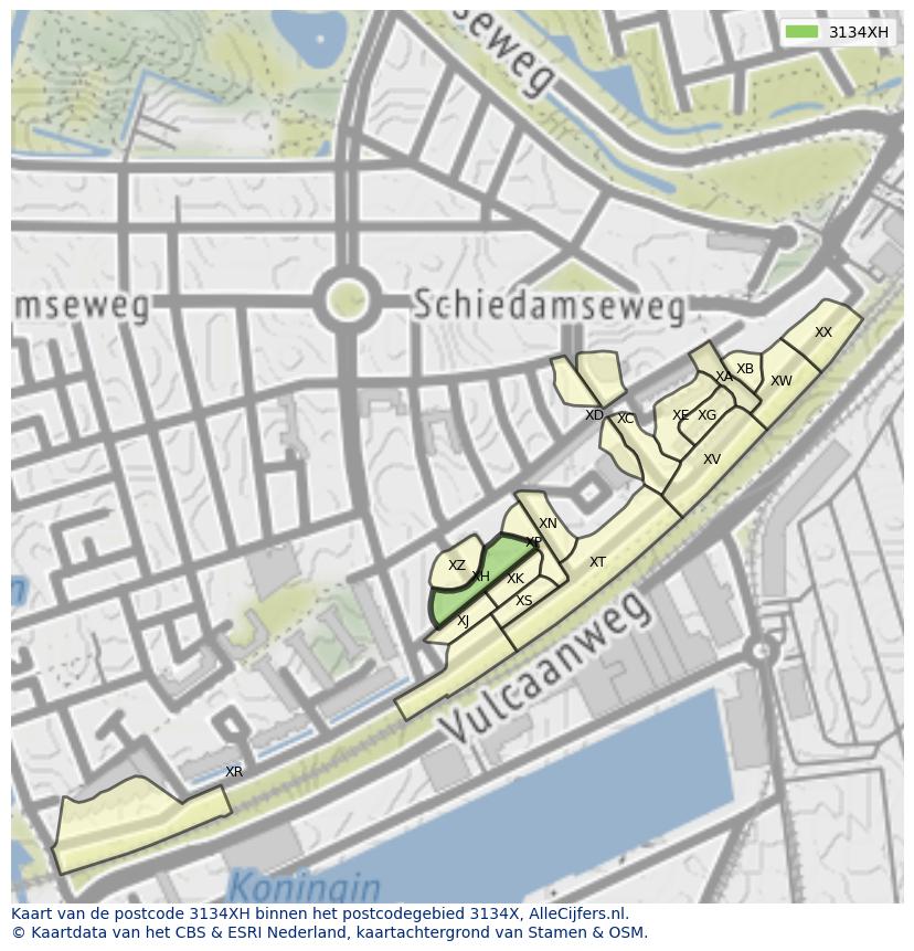 Afbeelding van het postcodegebied 3134 XH op de kaart.