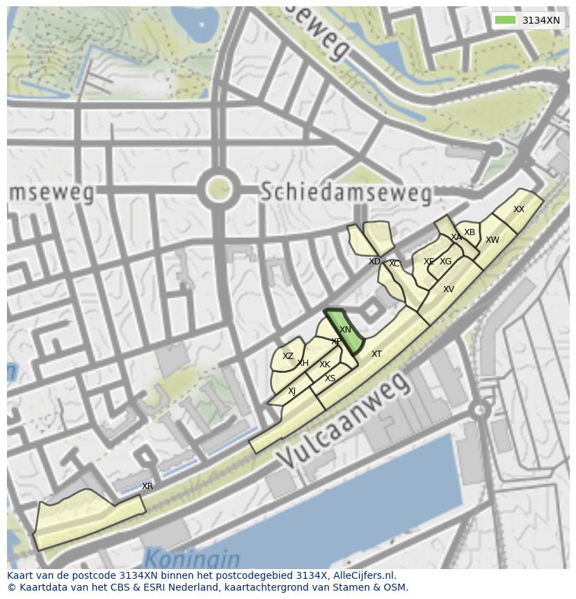 Afbeelding van het postcodegebied 3134 XN op de kaart.