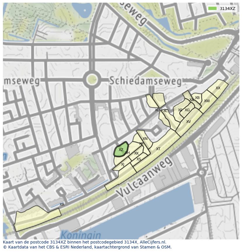 Afbeelding van het postcodegebied 3134 XZ op de kaart.