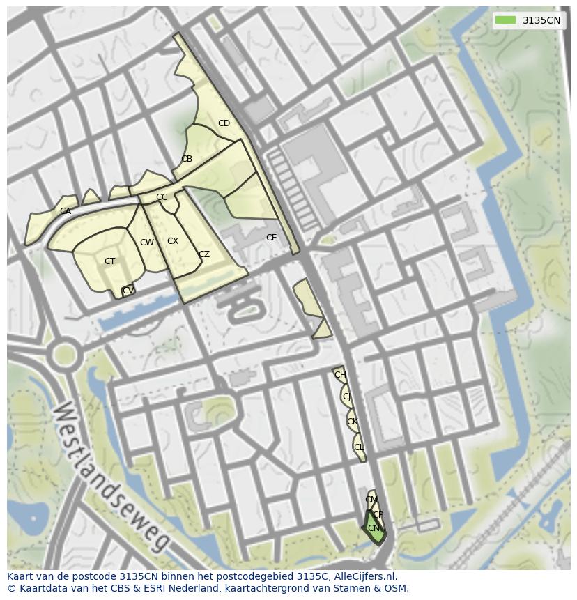 Afbeelding van het postcodegebied 3135 CN op de kaart.