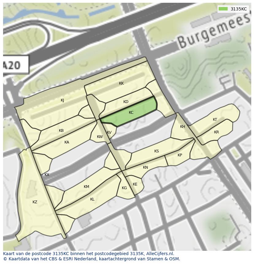 Afbeelding van het postcodegebied 3135 KC op de kaart.