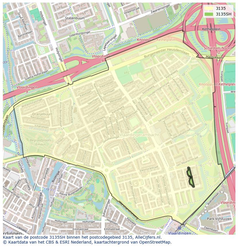 Afbeelding van het postcodegebied 3135 SH op de kaart.