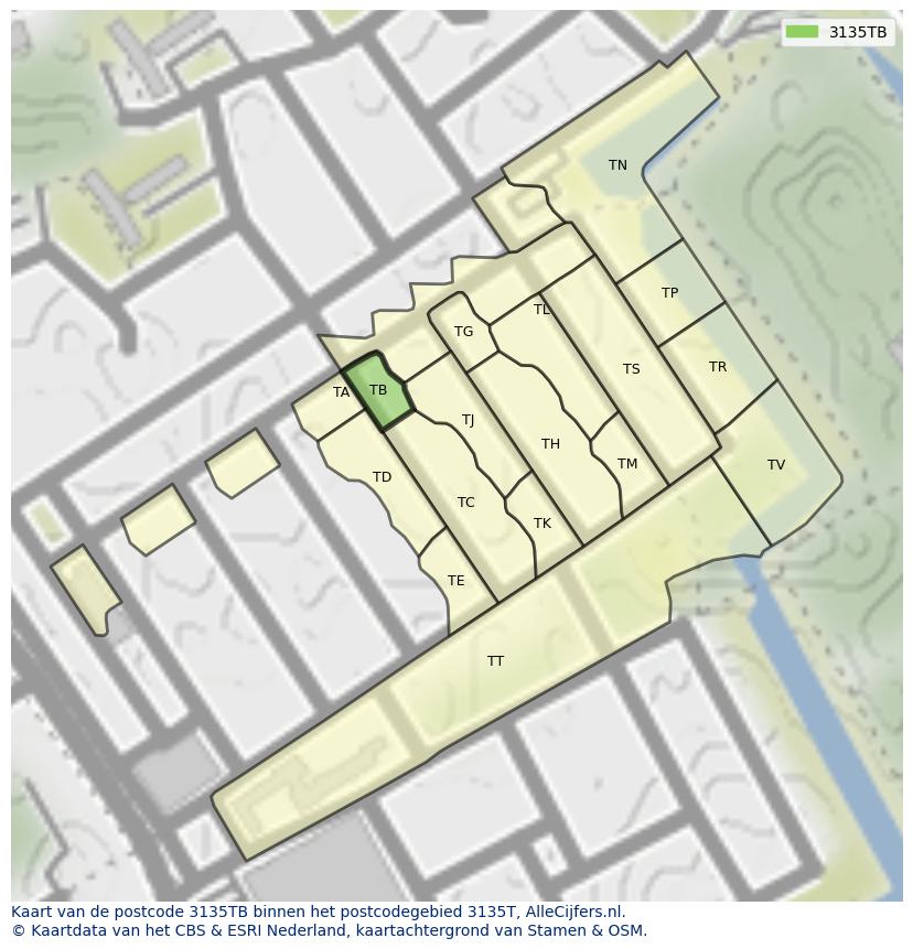 Afbeelding van het postcodegebied 3135 TB op de kaart.