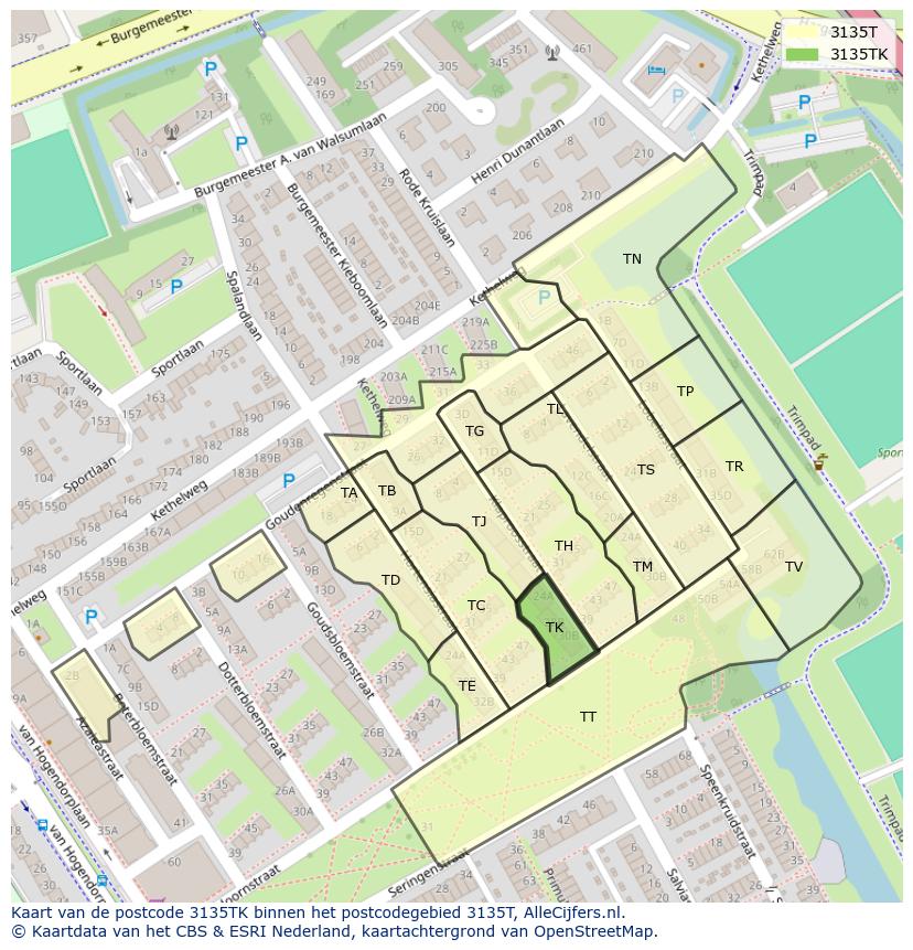 Afbeelding van het postcodegebied 3135 TK op de kaart.