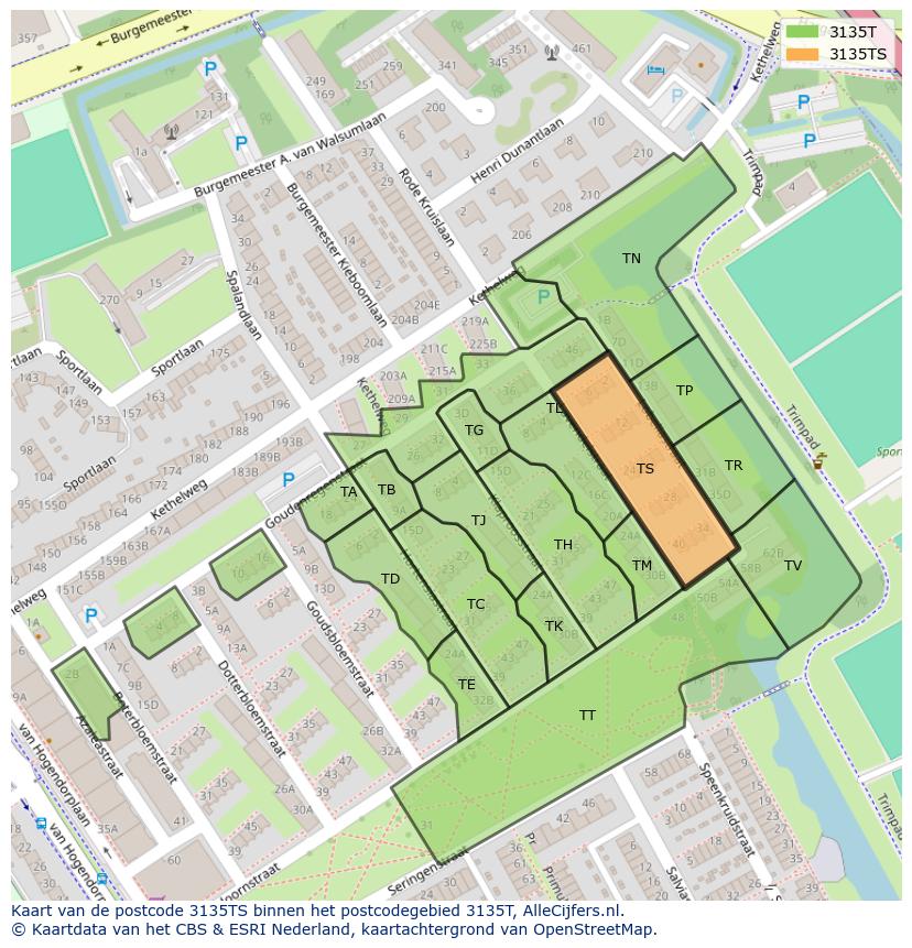 Afbeelding van het postcodegebied 3135 TS op de kaart.