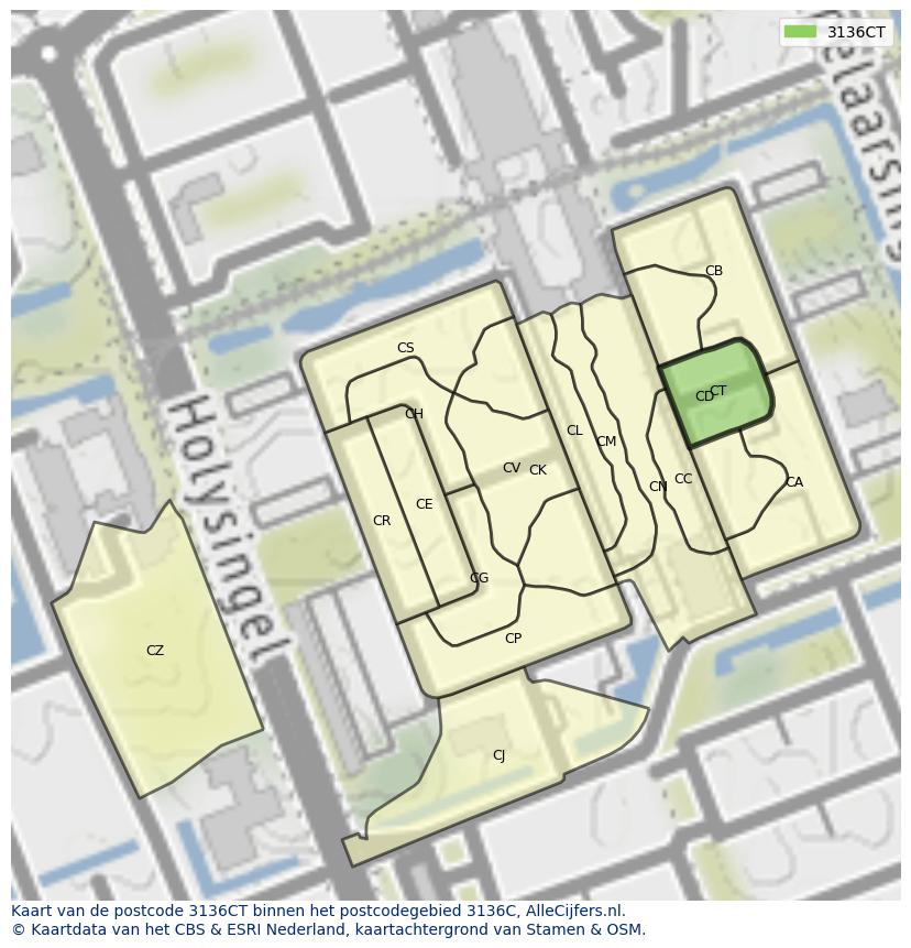 Afbeelding van het postcodegebied 3136 CT op de kaart.