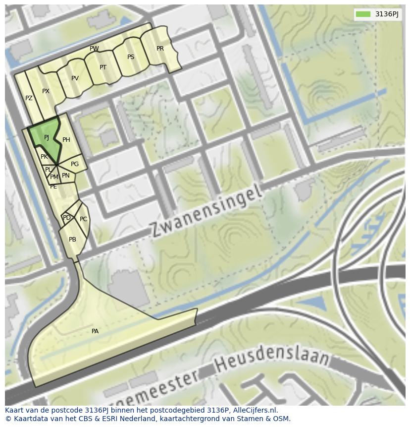 Afbeelding van het postcodegebied 3136 PJ op de kaart.