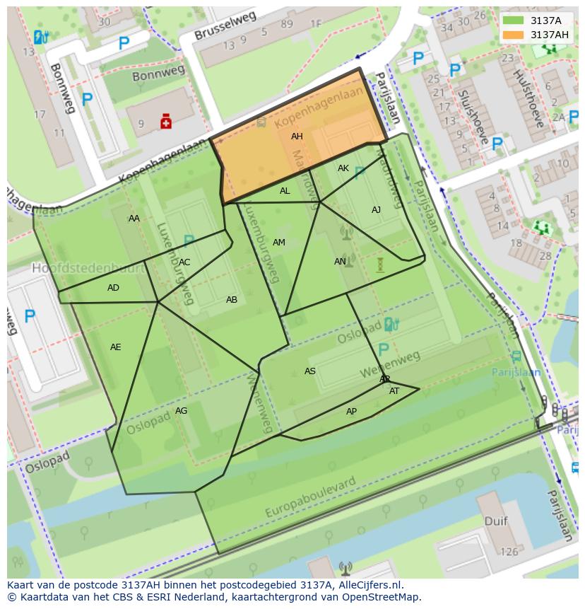 Afbeelding van het postcodegebied 3137 AH op de kaart.