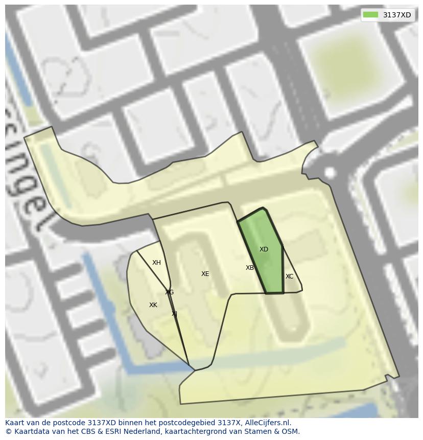 Afbeelding van het postcodegebied 3137 XD op de kaart.