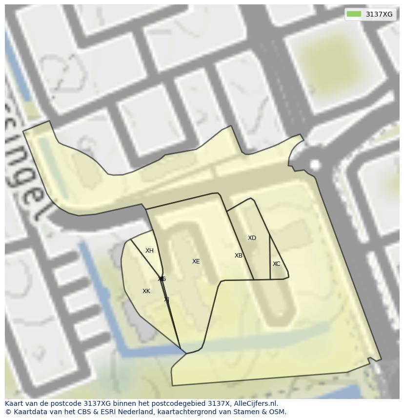 Afbeelding van het postcodegebied 3137 XG op de kaart.