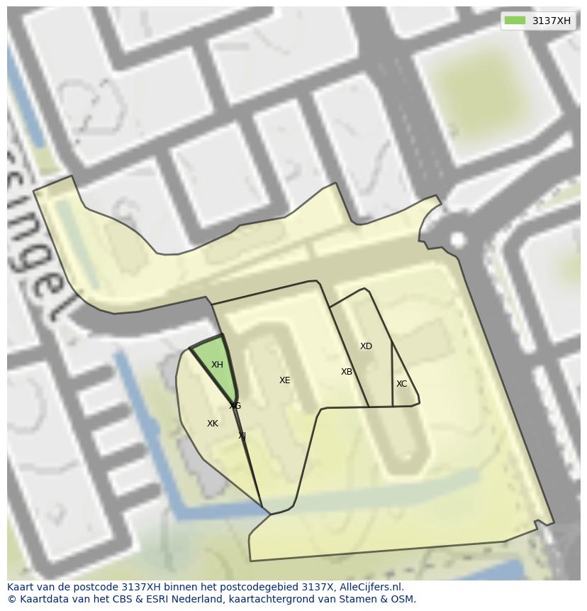 Afbeelding van het postcodegebied 3137 XH op de kaart.