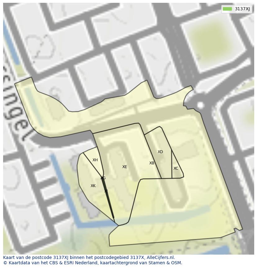 Afbeelding van het postcodegebied 3137 XJ op de kaart.
