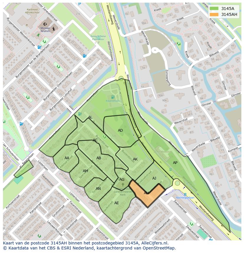 Afbeelding van het postcodegebied 3145 AH op de kaart.