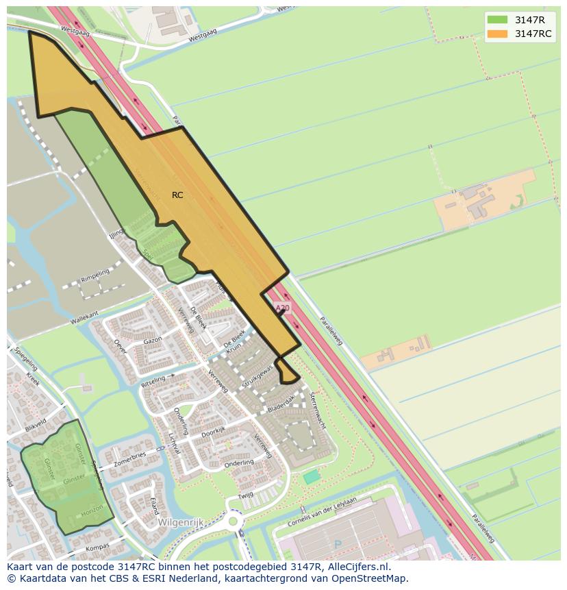Afbeelding van het postcodegebied 3147 RC op de kaart.