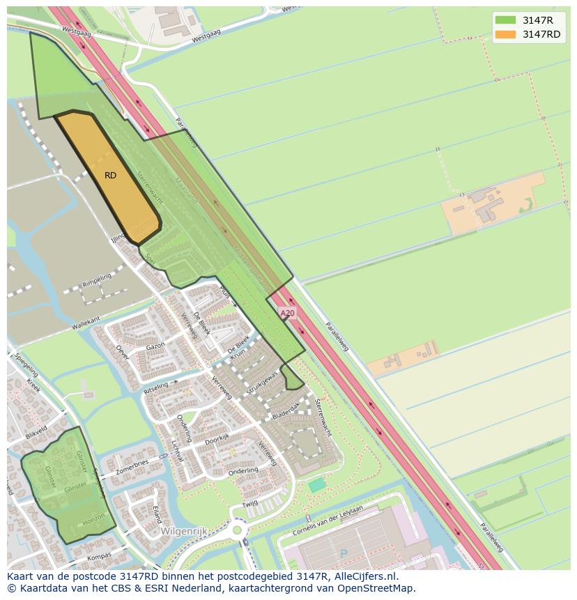 Afbeelding van het postcodegebied 3147 RD op de kaart.