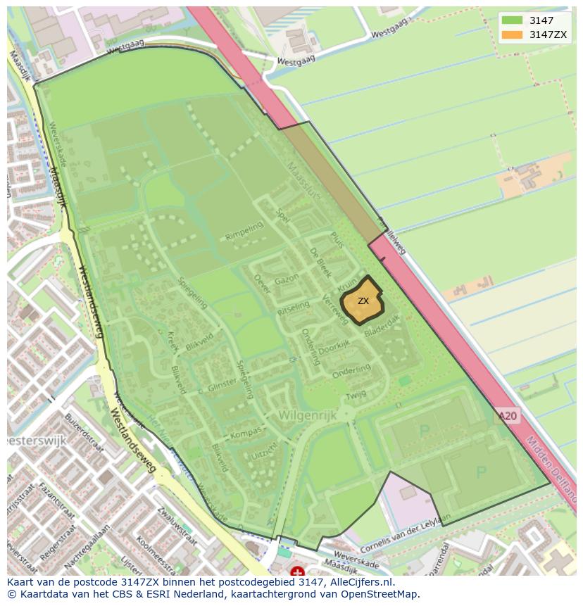 Afbeelding van het postcodegebied 3147 ZX op de kaart.