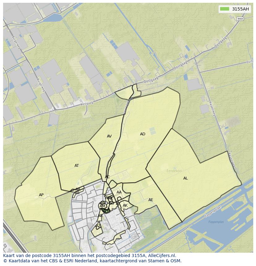 Afbeelding van het postcodegebied 3155 AH op de kaart.