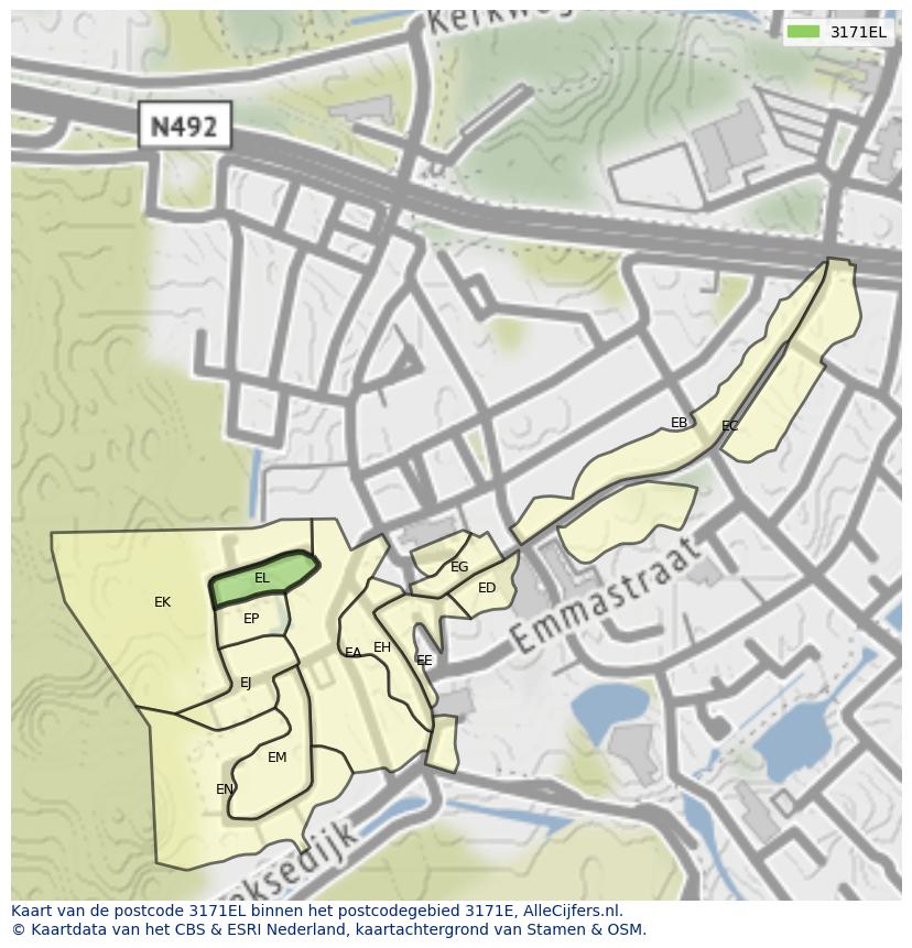 Afbeelding van het postcodegebied 3171 EL op de kaart.