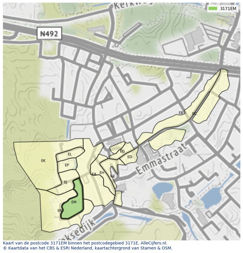 Afbeelding van het postcodegebied 3171 EM op de kaart.