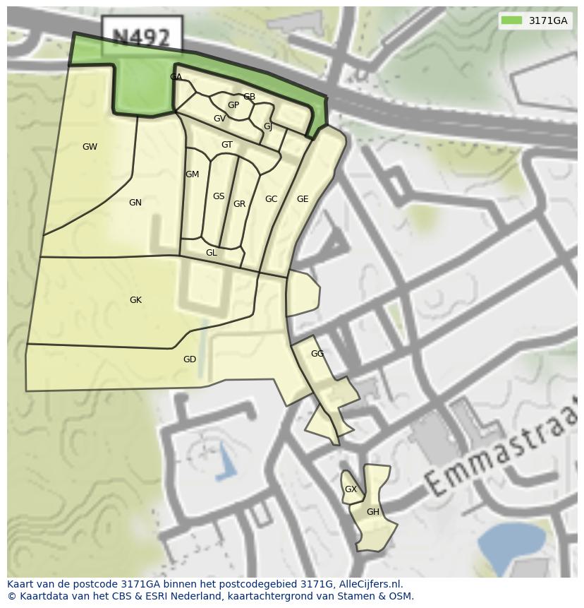 Afbeelding van het postcodegebied 3171 GA op de kaart.