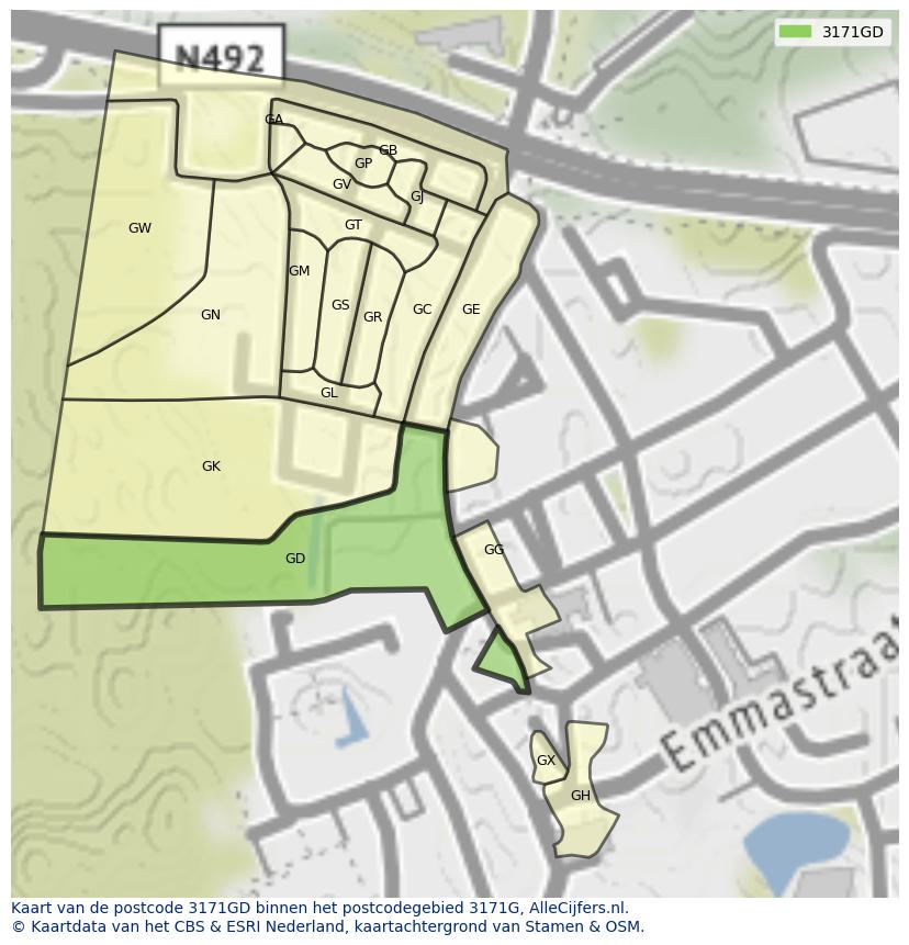 Afbeelding van het postcodegebied 3171 GD op de kaart.