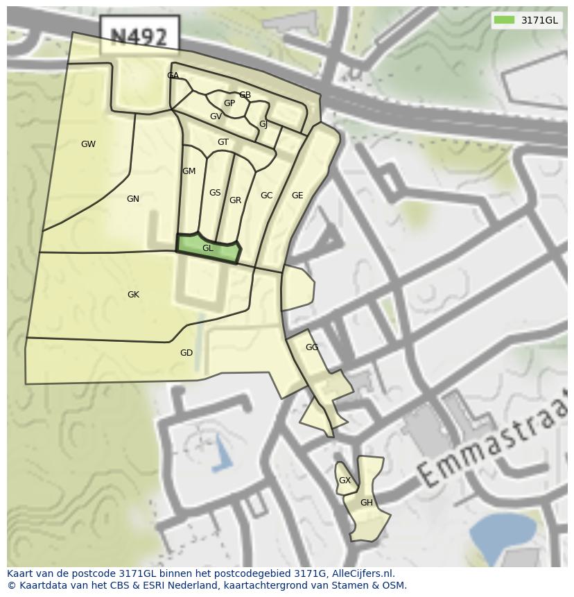 Afbeelding van het postcodegebied 3171 GL op de kaart.