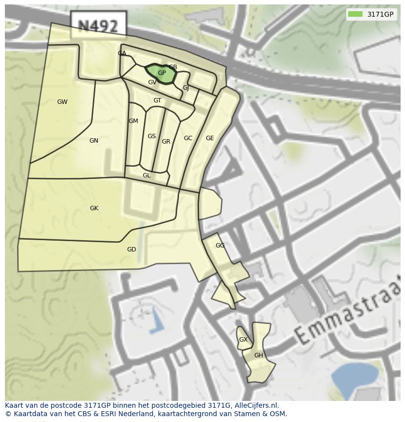 Afbeelding van het postcodegebied 3171 GP op de kaart.