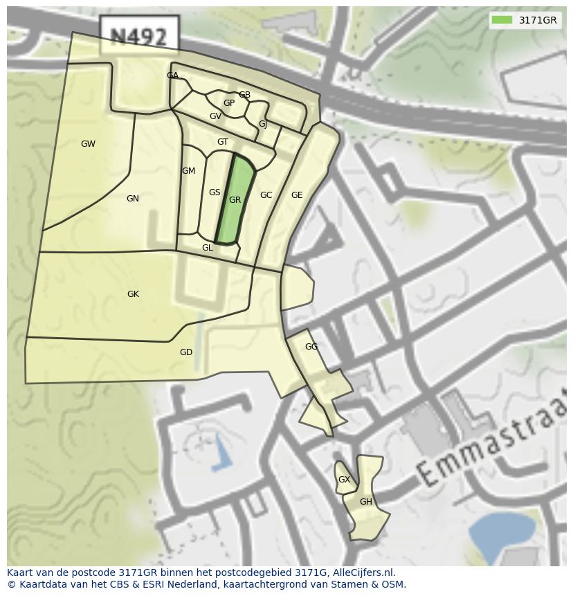 Afbeelding van het postcodegebied 3171 GR op de kaart.