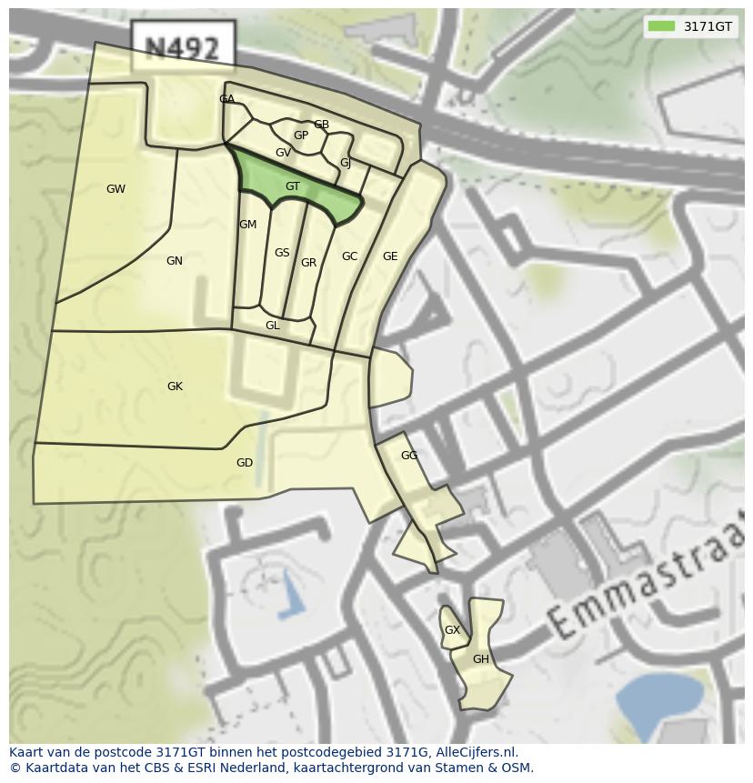 Afbeelding van het postcodegebied 3171 GT op de kaart.