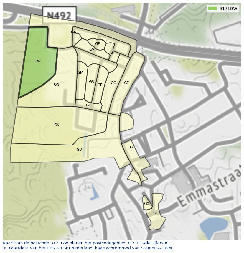 Afbeelding van het postcodegebied 3171 GW op de kaart.