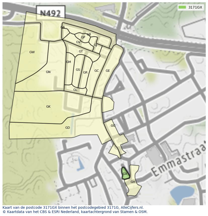 Afbeelding van het postcodegebied 3171 GX op de kaart.