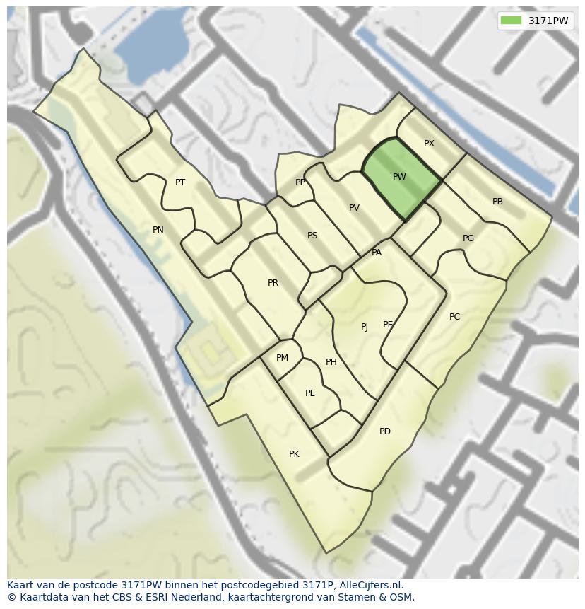 Afbeelding van het postcodegebied 3171 PW op de kaart.