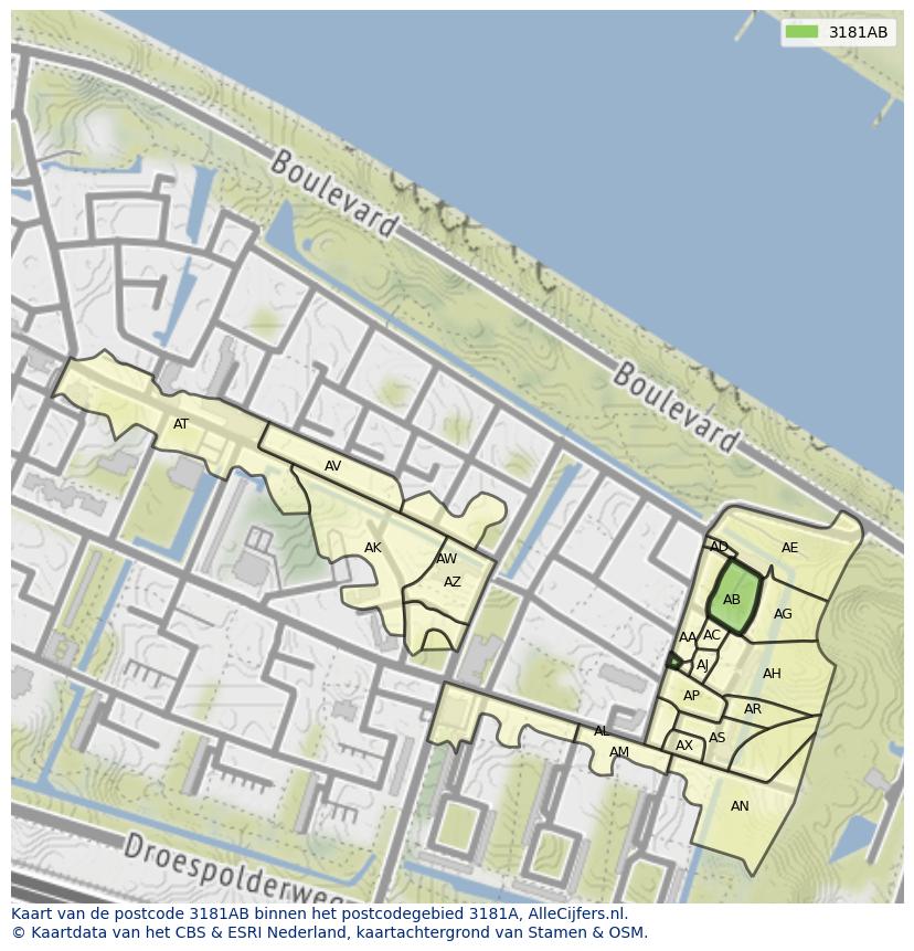 Afbeelding van het postcodegebied 3181 AB op de kaart.