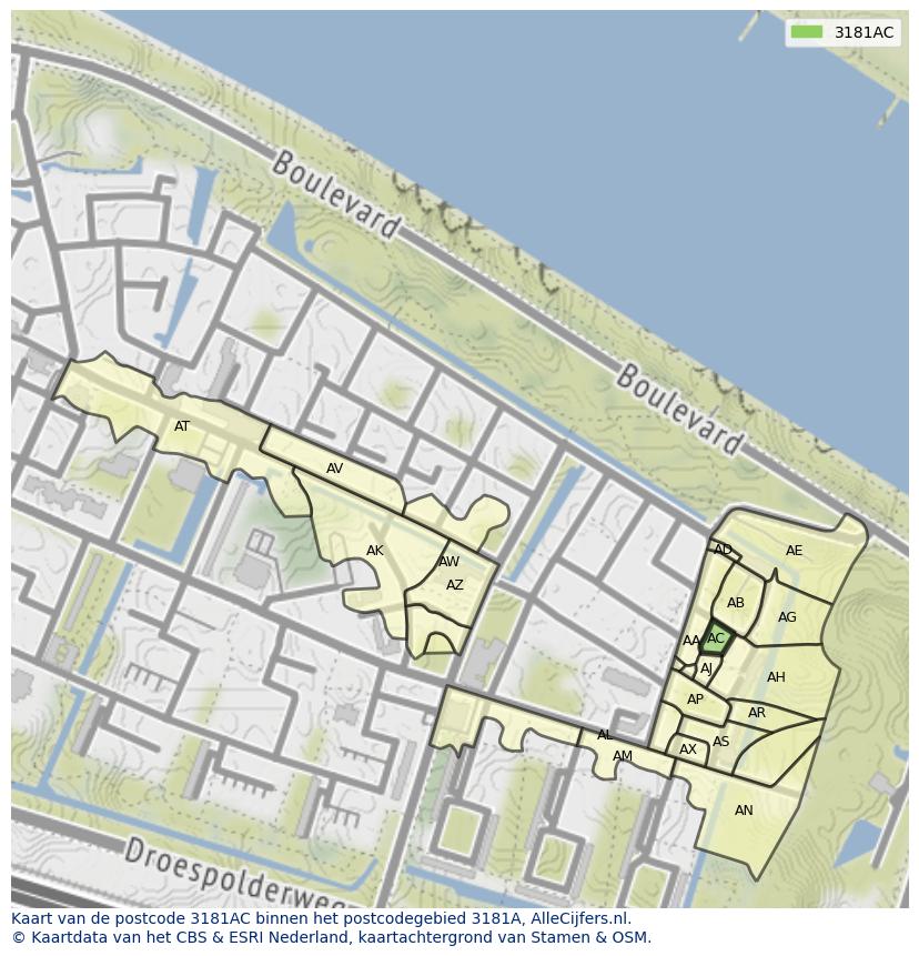 Afbeelding van het postcodegebied 3181 AC op de kaart.