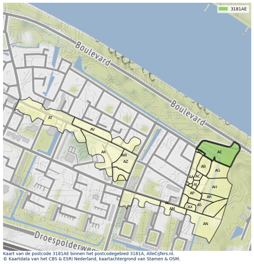Afbeelding van het postcodegebied 3181 AE op de kaart.