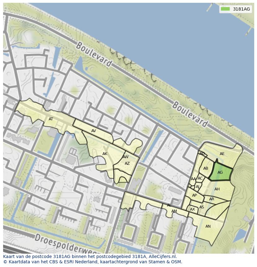 Afbeelding van het postcodegebied 3181 AG op de kaart.