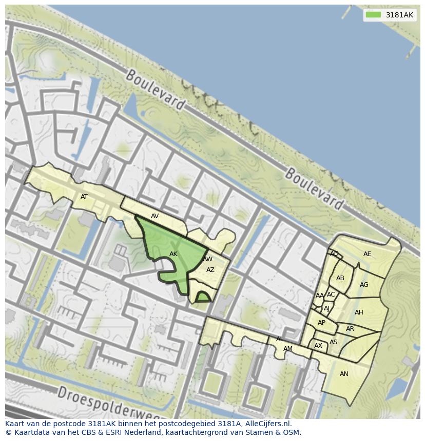 Afbeelding van het postcodegebied 3181 AK op de kaart.