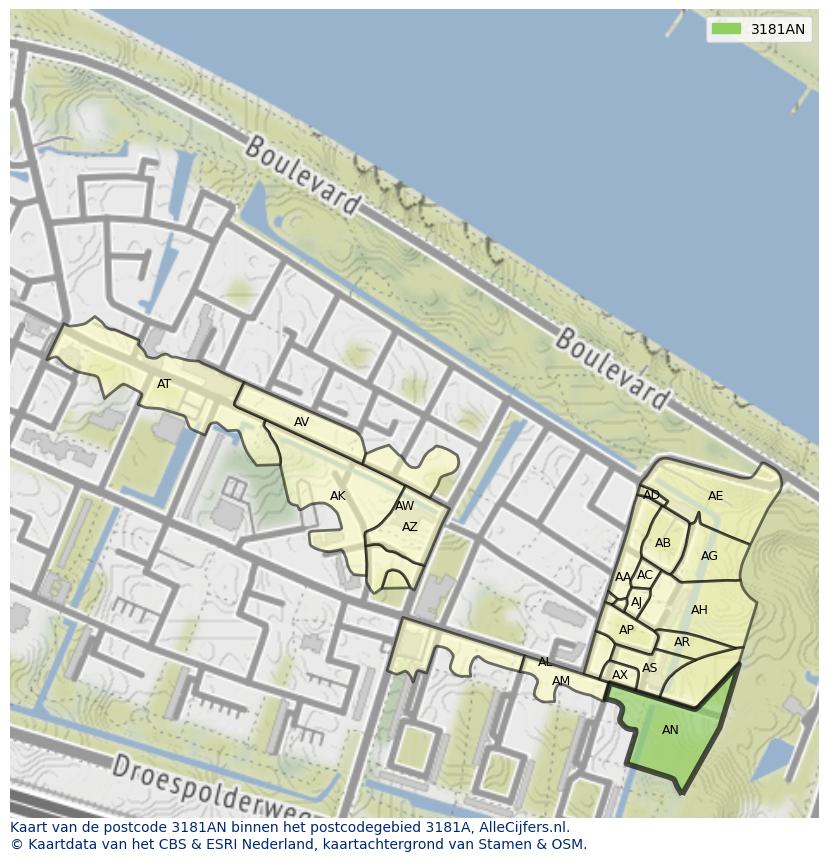 Afbeelding van het postcodegebied 3181 AN op de kaart.