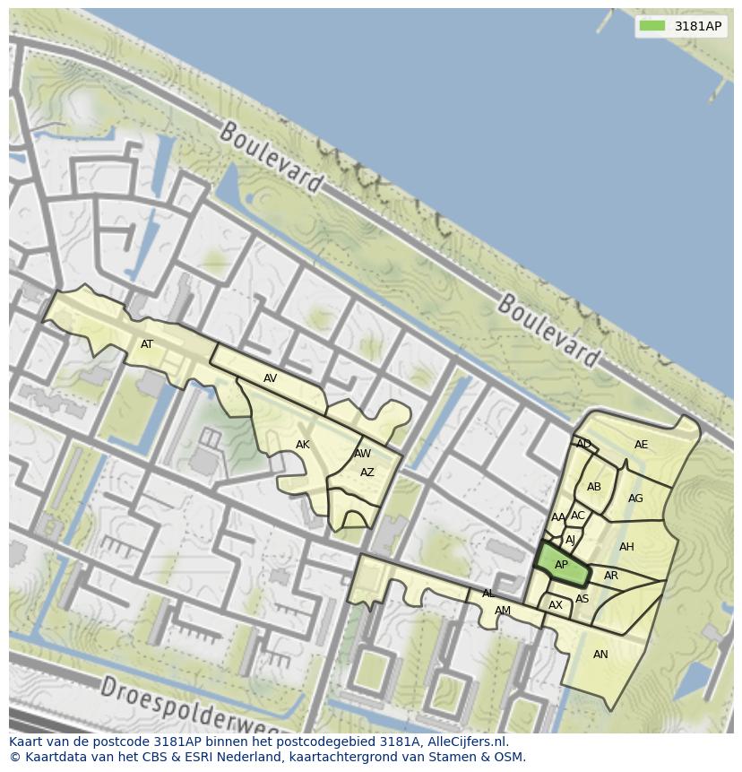 Afbeelding van het postcodegebied 3181 AP op de kaart.