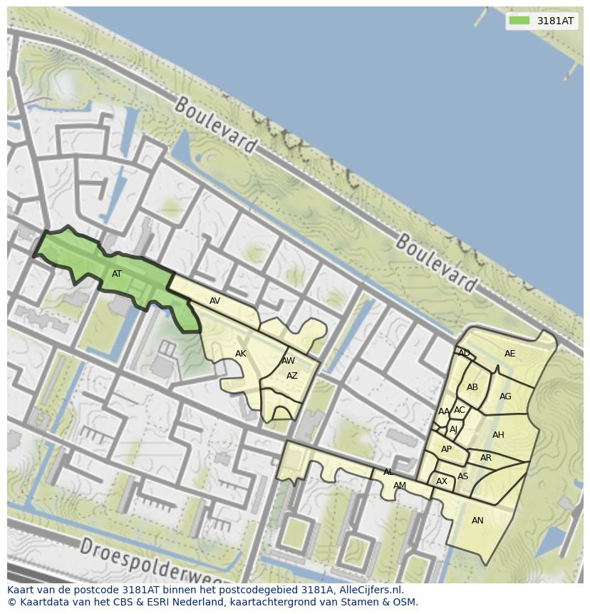 Afbeelding van het postcodegebied 3181 AT op de kaart.