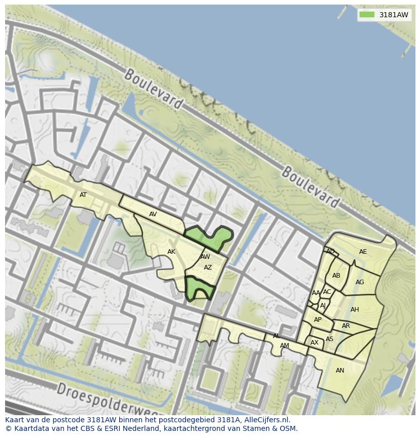 Afbeelding van het postcodegebied 3181 AW op de kaart.