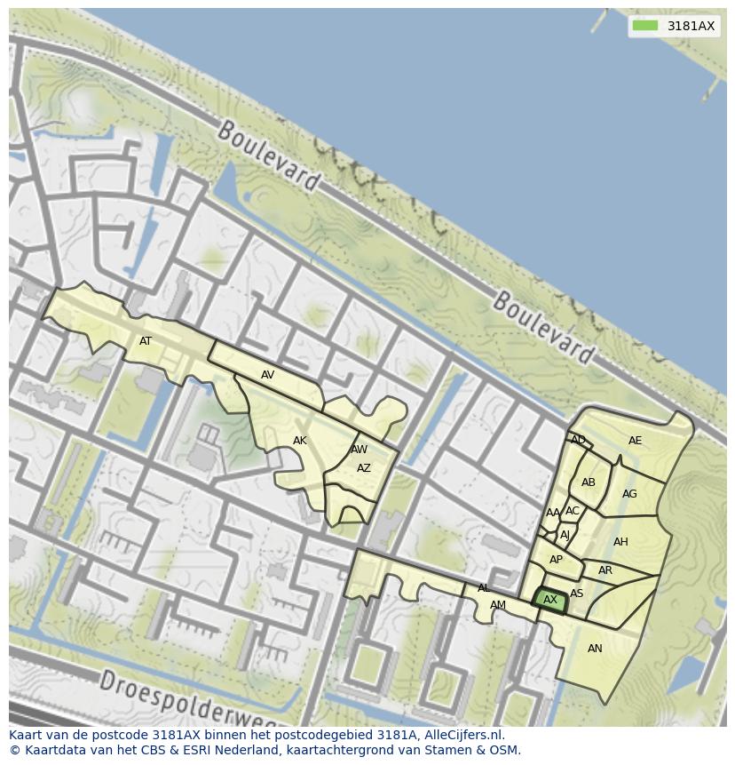 Afbeelding van het postcodegebied 3181 AX op de kaart.