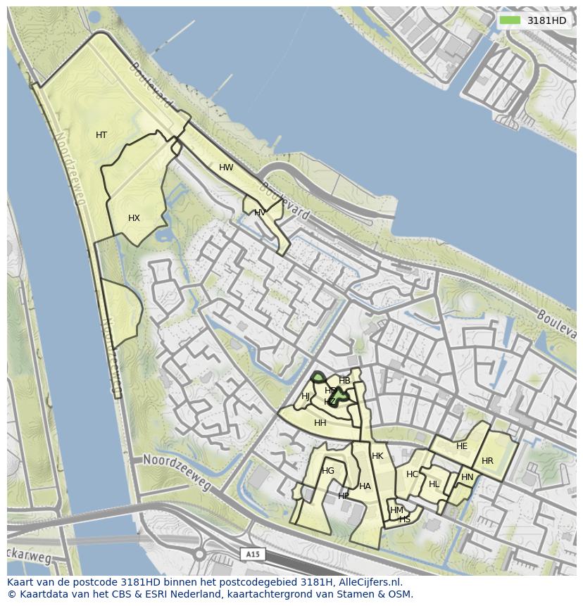Afbeelding van het postcodegebied 3181 HD op de kaart.