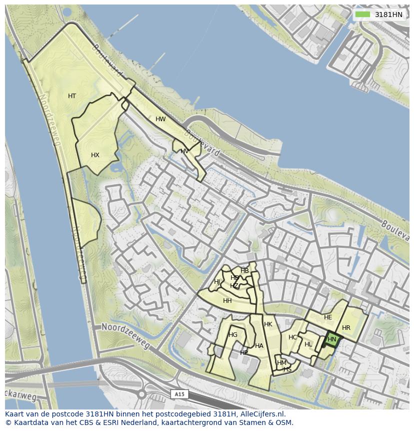 Afbeelding van het postcodegebied 3181 HN op de kaart.
