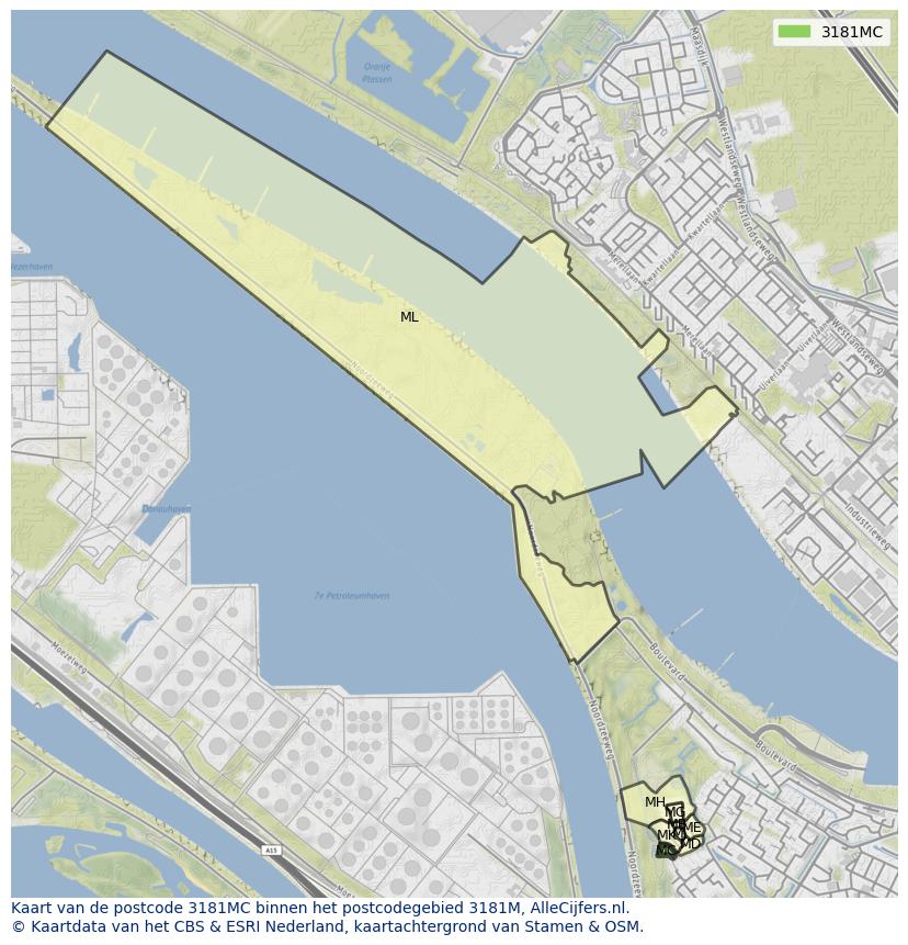 Afbeelding van het postcodegebied 3181 MC op de kaart.